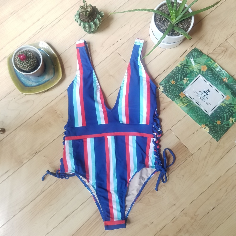Cupshe red white and blue striped deep V one piece